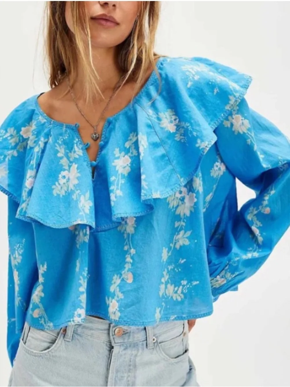 Free People Sky Blue Floral Ruffle Peasant Top - Picture 1 of 9